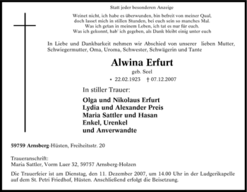Traueranzeige von Alwina Erfurt von Tageszeitung
