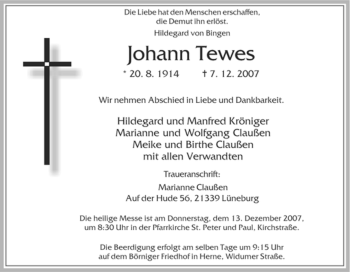 Traueranzeige von Johann Tewes von Tageszeitung