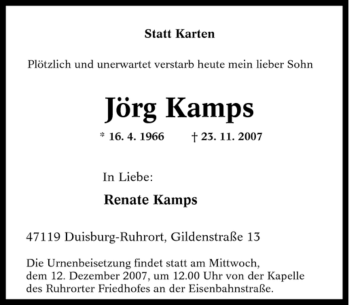 Traueranzeige von Jörg Kamps von Tageszeitung