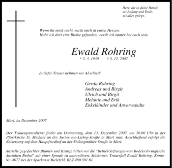 Traueranzeige von Ewald Rohring von Tageszeitung