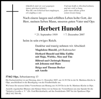 Traueranzeige von Herbert Hunold von Tageszeitung