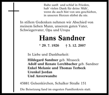 Traueranzeige von Hans Sandner von Tageszeitung