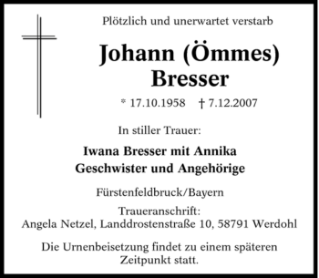 Traueranzeige von Johann Bresser von Tageszeitung