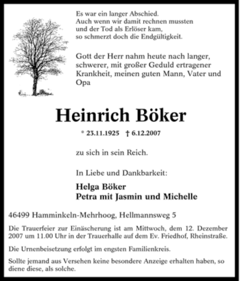 Traueranzeige von Heinrich Böker von Tageszeitung
