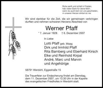 Traueranzeige von Werner Pfaff von Tageszeitung
