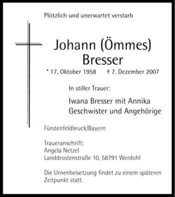 Traueranzeige von Johann Bresser von Tageszeitung