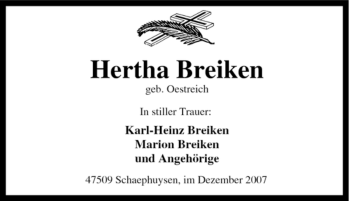 Traueranzeige von Hertha Breiken von Tageszeitung