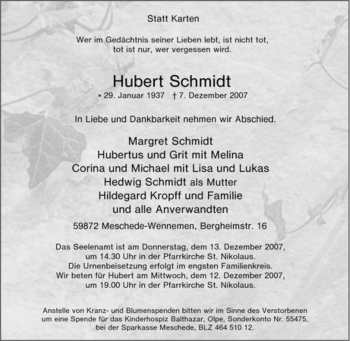 Traueranzeige von Hubert Schmidt von Tageszeitung