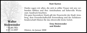 Traueranzeige von Walter Steinwender von Tageszeitung