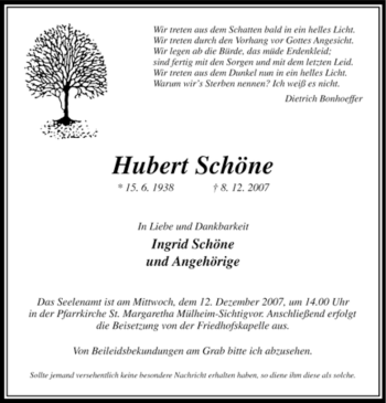 Traueranzeige von Hubert Schöne von Tageszeitung