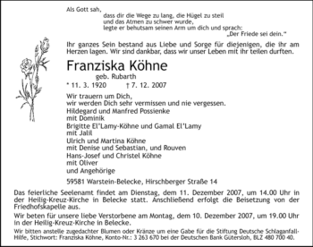 Traueranzeige von Franziska Köhne von Tageszeitung