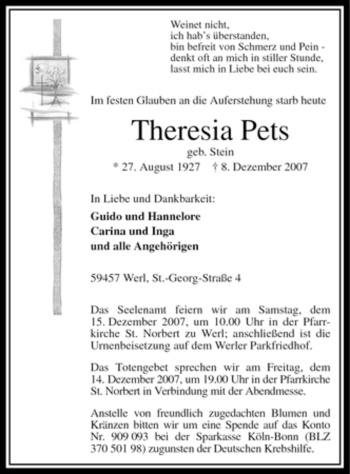 Traueranzeige von Theresia Pets von WESTDEUTSCHE ALLGEMEINE ZEITUNG