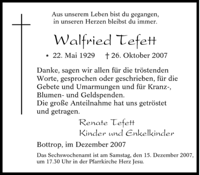  Traueranzeige für Walfried Tefett vom 12.12.2007 aus Tageszeitung