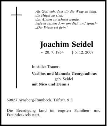 Traueranzeige von Joachim Seidel von Tageszeitung