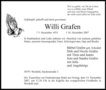 Traueranzeige von Willi Grafen von Tageszeitung