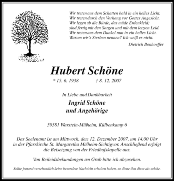 Traueranzeige von Hubert Schöne von Tageszeitung