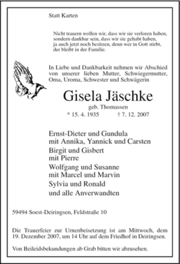 Traueranzeige von Gisela Jäschke von Tageszeitung