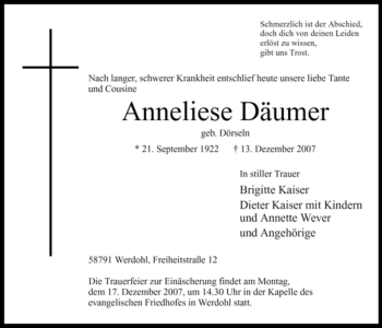 Traueranzeige von Anneliese Däumer von Tageszeitung