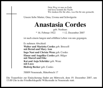 Traueranzeige von Anastasia Cordes von Tageszeitung