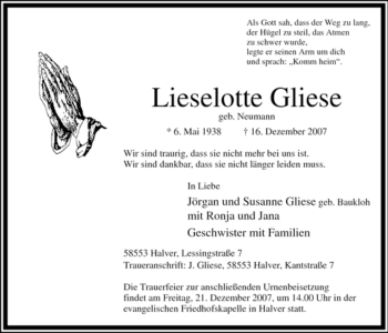 Traueranzeige von Lieselotte Gliese von Tageszeitung