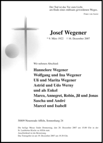 Traueranzeige von Josef Wegener von Tageszeitung