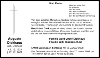 Traueranzeige von Auguste Dickhaus von Tageszeitung