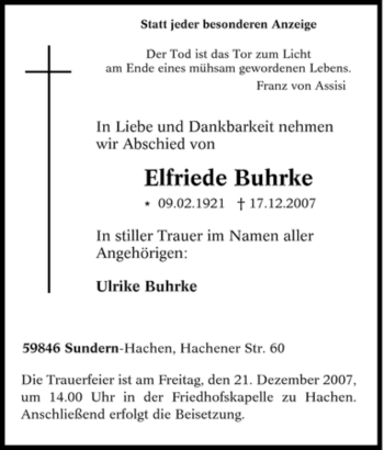 Traueranzeige von Elfriede Buhrke von Tageszeitung