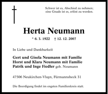Traueranzeige von Herta Neumann von Tageszeitung