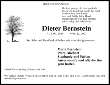 Traueranzeige von Dieter Bernstein von Tageszeitung