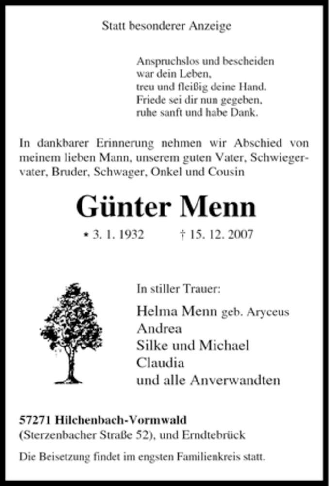  Traueranzeige für Günter Menn vom 19.12.2007 aus Tageszeitung