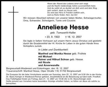 Traueranzeige von Anneliese Hesse von Tageszeitung