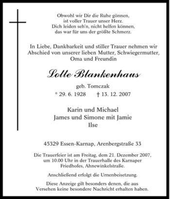 Traueranzeige von Lotte Blankenhaus von Tageszeitung