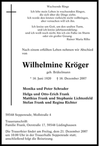 Traueranzeige von Wilhelmine Kröger von Tageszeitung