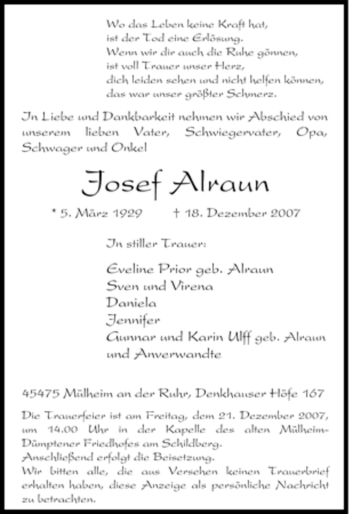 Traueranzeige von Josef Alraun von Tageszeitung