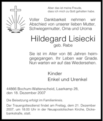 Traueranzeige von Hildegard Lisiecki von Tageszeitung