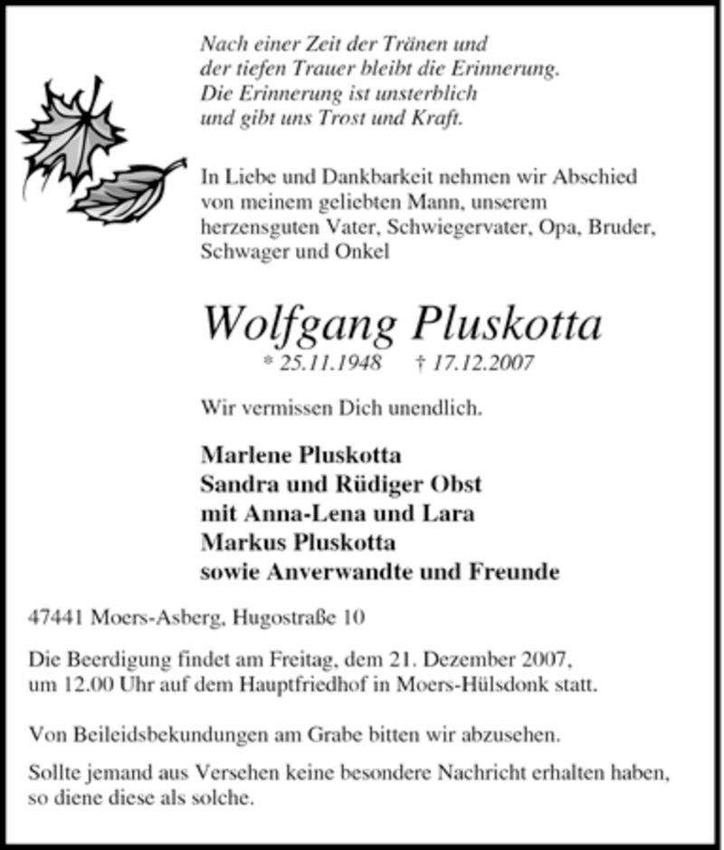  Traueranzeige für Wolfgang Pluskotta vom 19.12.2007 aus Tageszeitung