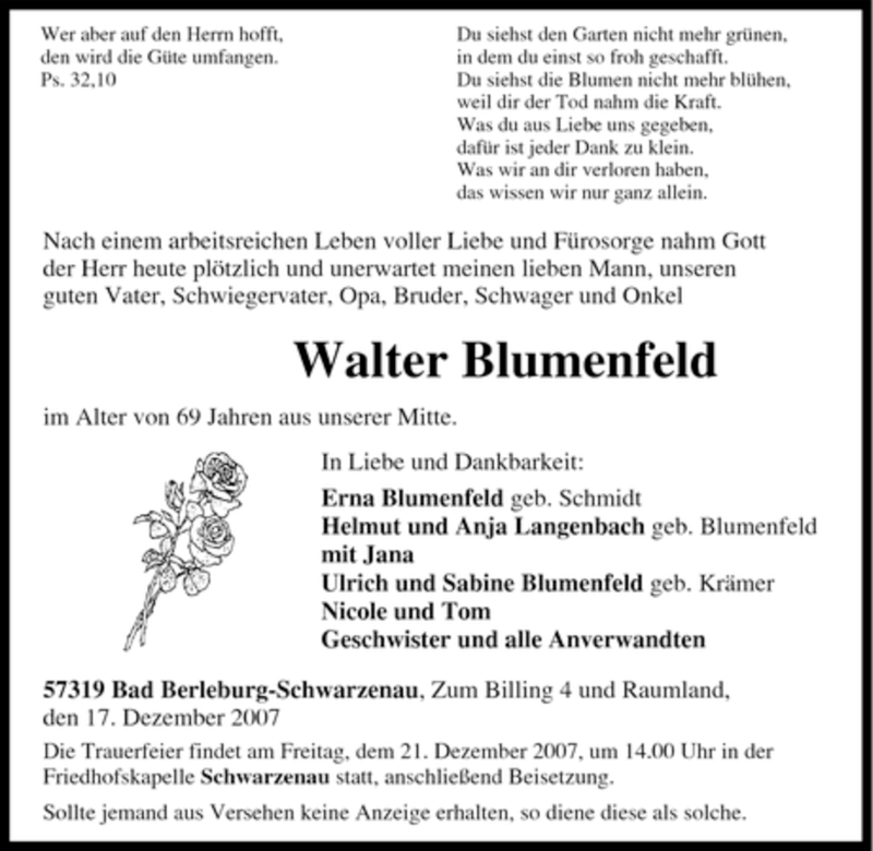  Traueranzeige für Walter Blumenfeld vom 19.12.2007 aus Tageszeitung