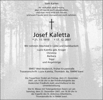 Traueranzeige von Josef Kaletta von Tageszeitung