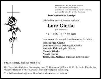 Traueranzeige von Lore Gierke von Tageszeitung