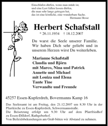 Traueranzeige von Herbert Schafstall von Tageszeitung