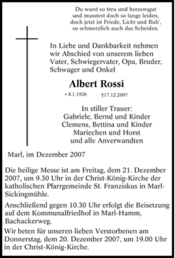 Traueranzeige von Albert Rossi von Tageszeitung