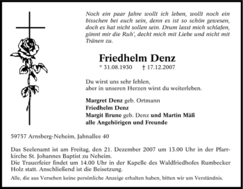 Traueranzeige von Friedhelm Denz von Tageszeitung