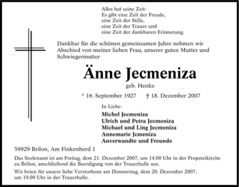 Traueranzeige von Änne Jecmeniza von Tageszeitung