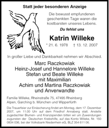 Traueranzeige von Katrin Willeke von Tageszeitung