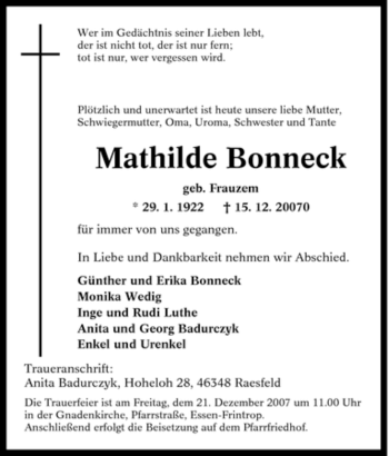 Traueranzeige von Mathilde Bonneck von Tageszeitung