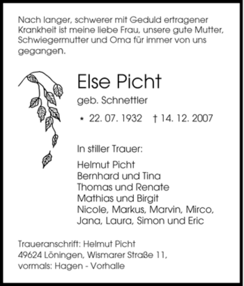 Traueranzeige von Else Picht von Tageszeitung