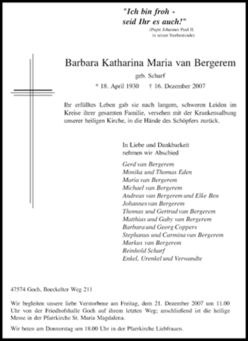 Traueranzeige von Barbara Katharina Maria van Bergerem von Tageszeitung