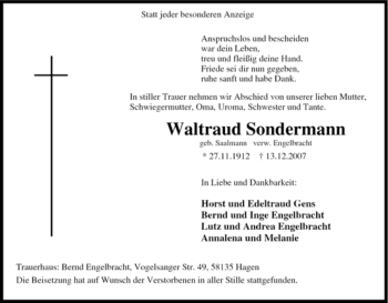 Traueranzeige von Waltraud Sondermann von Tageszeitung