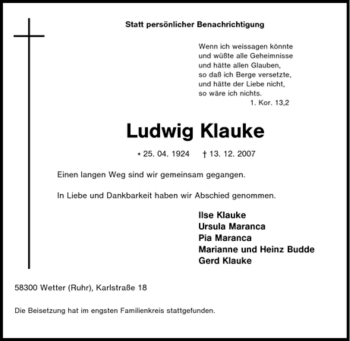 Traueranzeige von Ludwig Klauke von Tageszeitung
