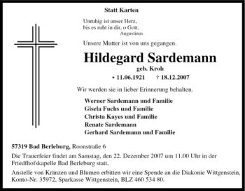 Traueranzeige von Hildegard Sardemann von Tageszeitung